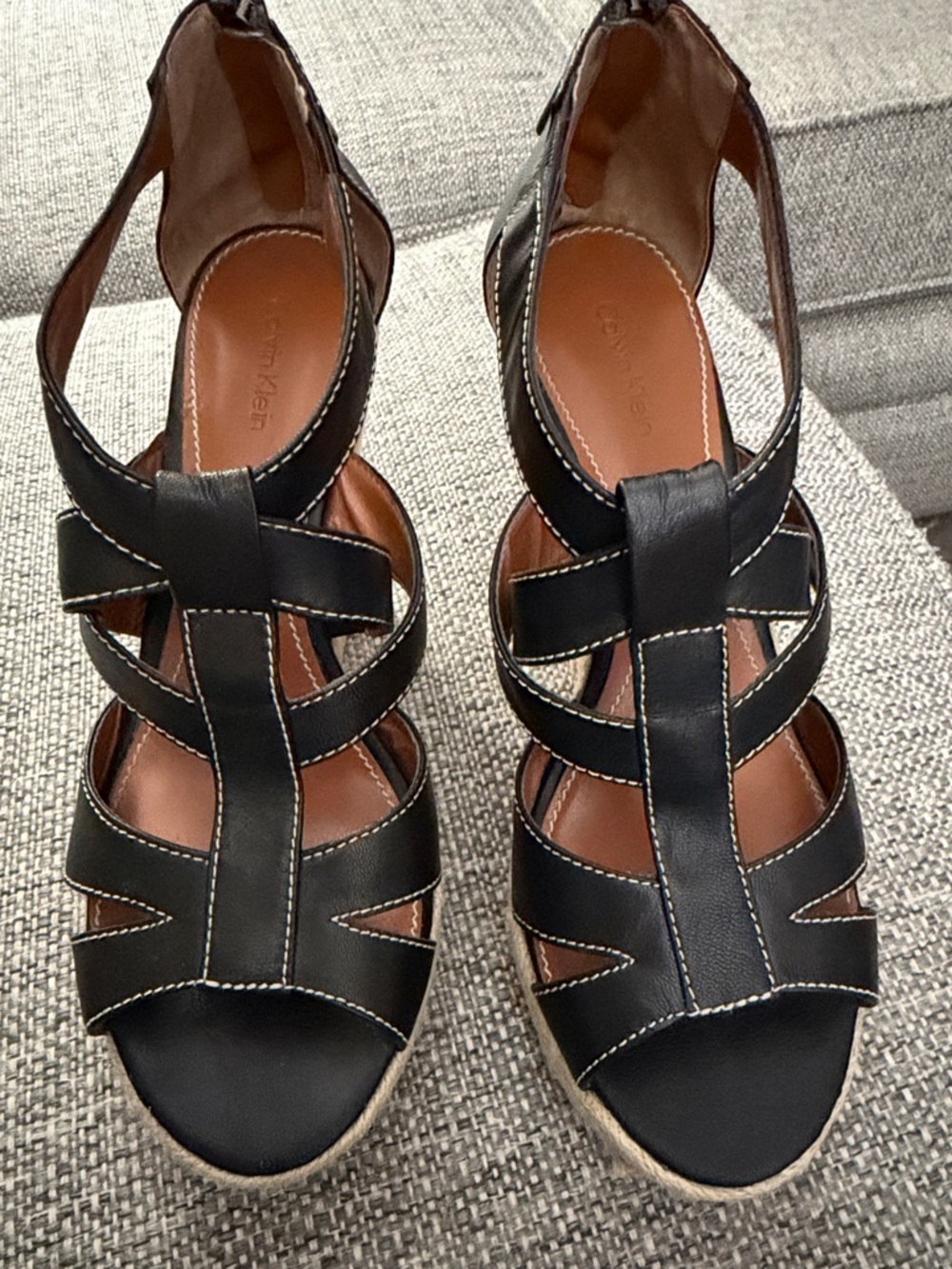 Calvin Klein Blaire Black Leather Espadrille Platform Wedge Sandals Size 8.5